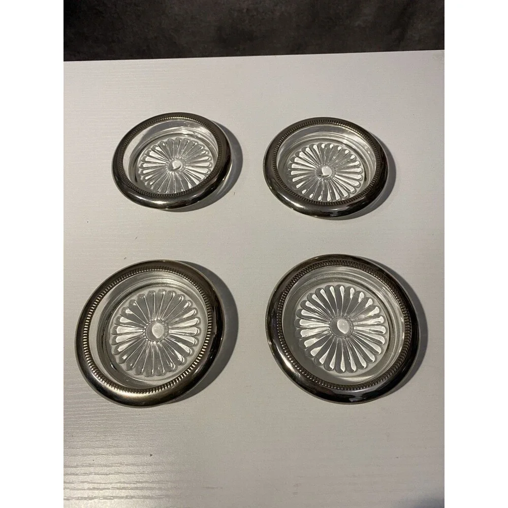 Set of 4 Vintage Silver Rim Glass Coasters Starburst Pattern MCM Italy
